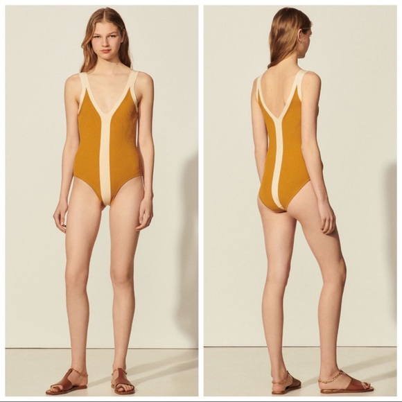 SANDRO Paris Nate Two-Toned Contrast-Trim Knitted Bodysuit In Ocre NWT - Picture 7 of 13